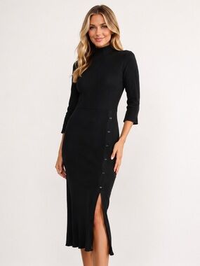 Amour Vert Black Ribbed Mock Neck Midi Dress Size L